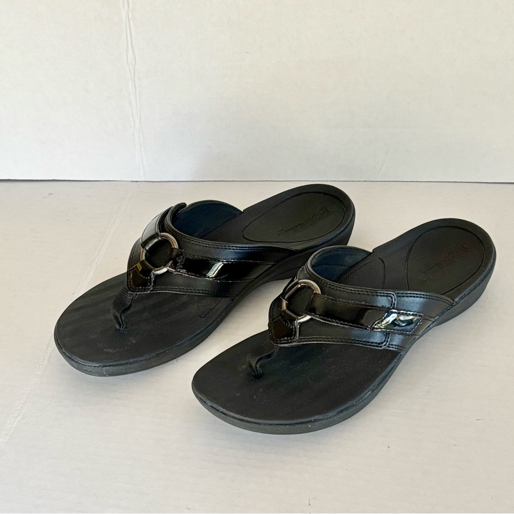 PowerStep Dress Black Sandals, 10 –Synthetic Leather & Patent -Orthotic Arch